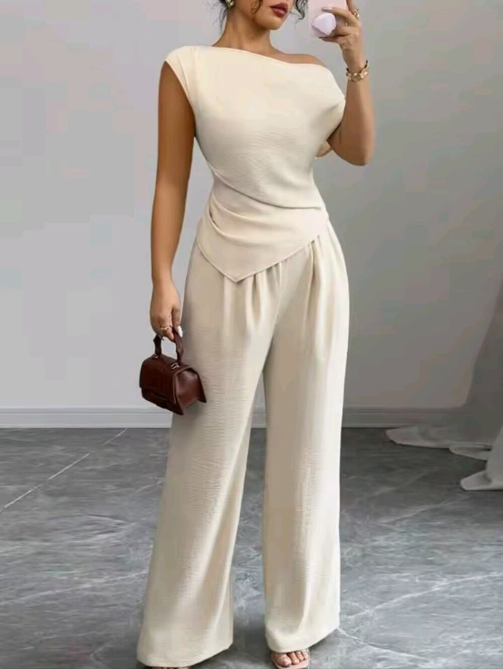 Women's Elegant Pure Color Ladies Asymmetric Top And Wide Leg Pants
